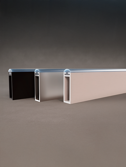 Perfils d’alumini per penjadors MIDI amb part superior de plàstic. Disponibles en plata, blanc, negre i qualsevol color RAL. Ideals per armaris i vestidors.